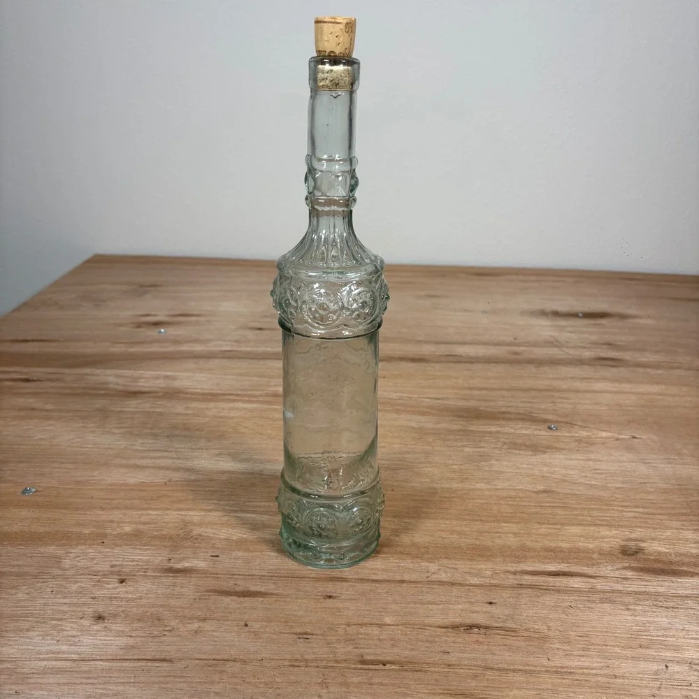 Vintage Embossed Floral Glass Bottle with Cork Stopper Tall Decorative Decanter